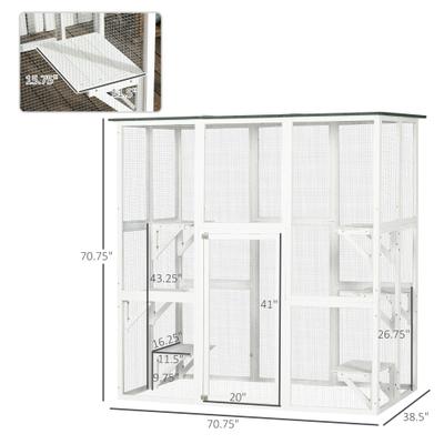 Show full view: PawHut Catio Wooden Outdoor Cat House with Weather Protection Asphalt Roof, White, 71 x 38.5 x 71-in slide 3 of 10