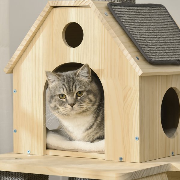 PawHut Cozy-House 49-in Cat Tree with Pillow-Covered Perches, Natural Wood