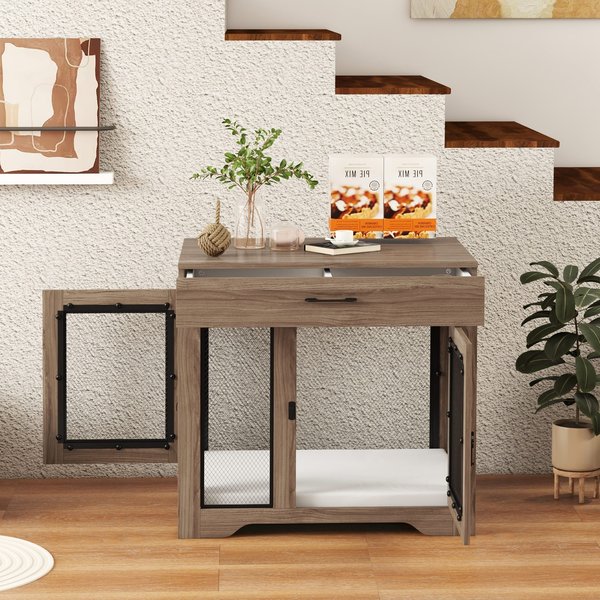 PawHut Double Door Furnisture Style Dog Crate, Brown, 32 inch