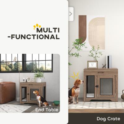 Show full view: PawHut Double Door Furnisture Style Dog Crate, Brown, 32 inch slide 5 of 9