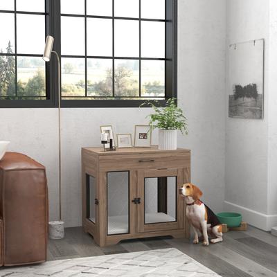 Show full view: PawHut Double Door Furnisture Style Dog Crate, Brown, 32 inch slide 2 of 9