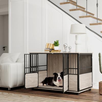 Show full view: PawHut Double Door Furniture Style Dog Crate Furniture, Walnut Finish, 46 inch slide 2 of 10