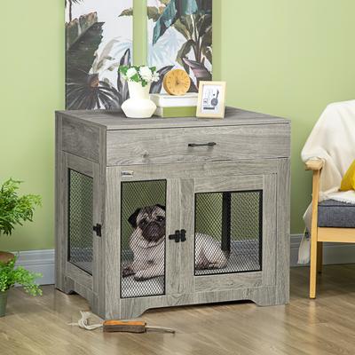 Show full view: PawHut Double Door Furniture Style Dog Crate with Drawer, 32 inch, Grey slide 3 of 10