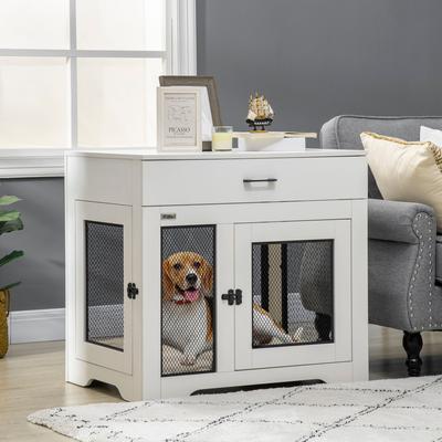 Show full view: PawHut Double Door Furniture Style Dog Crate with Drawer, 32 inch, White slide 2 of 9