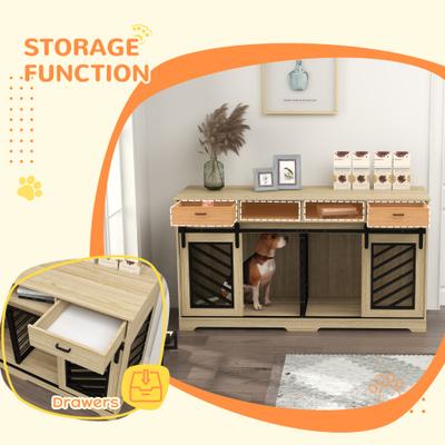 Show full view: PawHut Double Door Furniture Style Dog Crate with Removable Divider, Oak, 66 inch slide 6 of 10