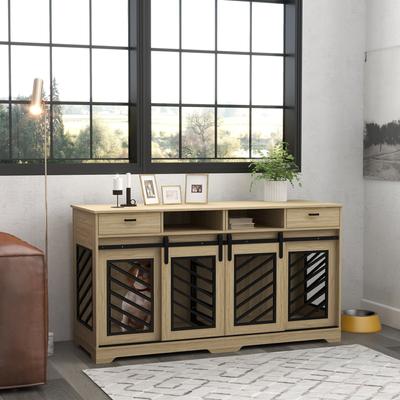Show full view: PawHut Double Door Furniture Style Dog Crate with Removable Divider, Oak, 66 inch slide 3 of 10