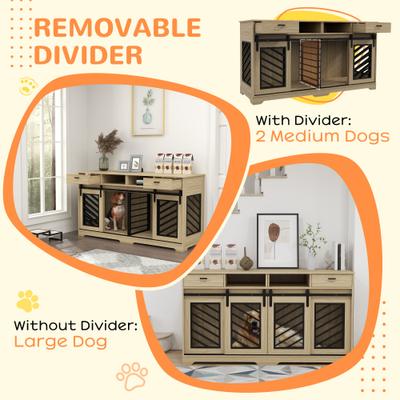 Show full view: PawHut Double Door Furniture Style Dog Crate with Removable Divider, Oak, 66 inch slide 5 of 10