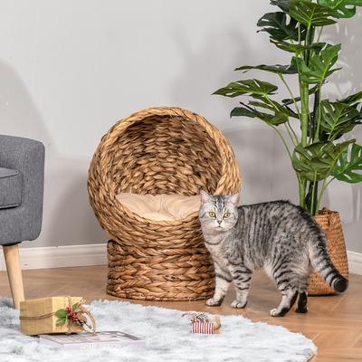 Show full view: PawHut Egg Chair Rattan Elevated Cat Bed with Removable Cover, 17-in, Brown slide 2 of 10
