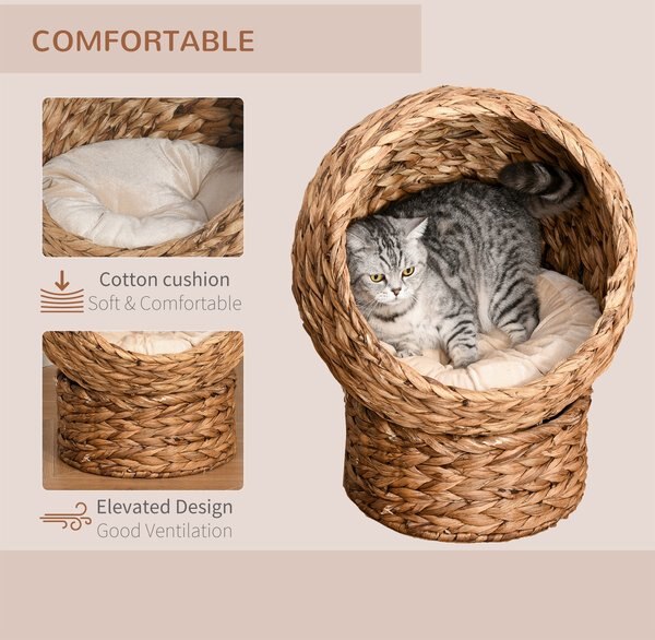 PawHut Rattan Elevated Cat Bed with Removable Cover, Brown, 19.7-in