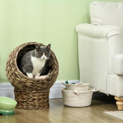 Show full view: PawHut Egg Chair Rattan Elevated Cat Bed with Removable Cover, 17-in, Dark Gray slide 7 of 10