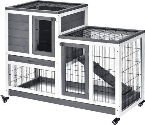 Show full view: PawHut Elevated Wooden Indoor Rabbit Hutch, White/Grey slide 2 of 10