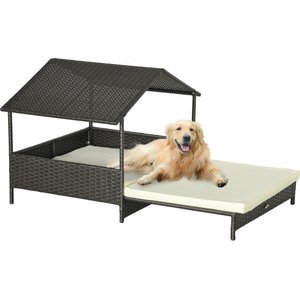 PawHut Extendable Wicker Outdoor Covered Dog Bed, Cream White, 38.6-in