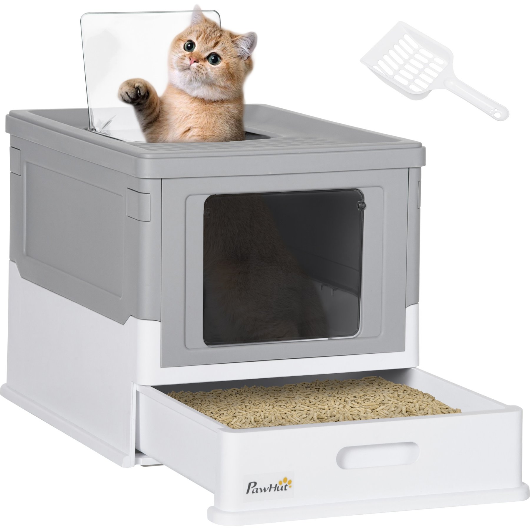PawHut Fully Enclosed Cat Litter Box with Front Entry, Top Exit, 19-in, Gray
