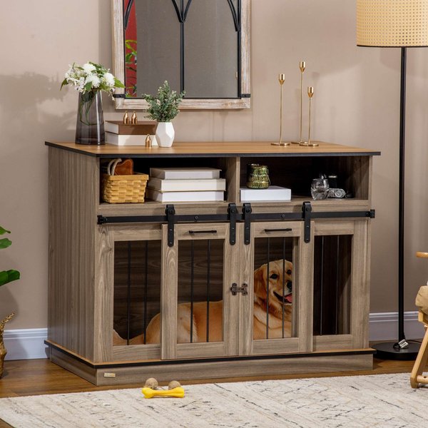 PawHut Furnisture Style Double Dog Crate, Oak, 47 inch