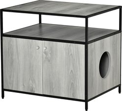 PawHut Furniture Style Cat Litter Box Enclosure End Table with Magnetic Doors & Storage, Grey, 27.5 x 21.75 x 25.75-in