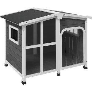 PawHut Giant Window Wooden Indoor/Outdoor Dog House, Dark Gray