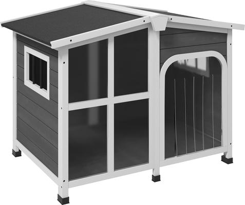 Show full view: PawHut Giant Window Wooden Indoor/Outdoor Dog House, Dark Gray slide 1 of 10