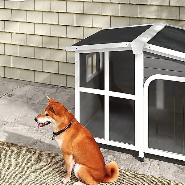 Show full view: PawHut Giant Window Wooden Indoor/Outdoor Dog House, Dark Gray slide 9 of 9