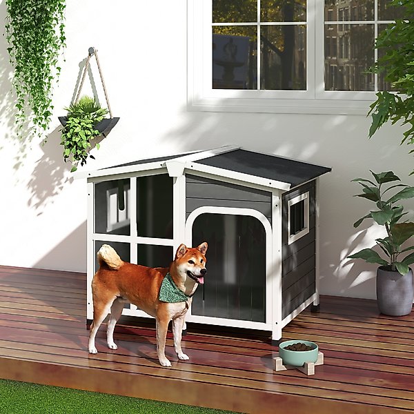 Show full view: PawHut Giant Window Wooden Indoor/Outdoor Dog House, Dark Gray slide 2 of 9