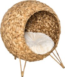 PawHut Hand-Woven Braided Banana Leaf Cat House, Natural Wood