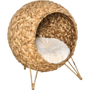 PawHut Hand-Woven Braided Banana Leaf Cat House, Natural Wood