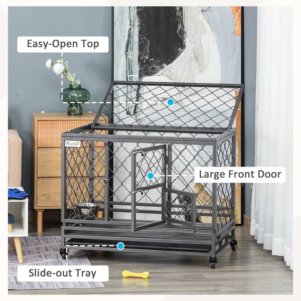 PawHut Heavy Duty Double Door & Food Bowl Metal Dog Crate, Black