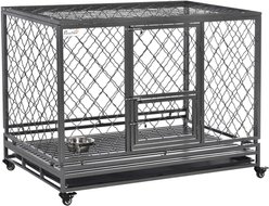 PawHut Heavy Duty Double Door & Food Bowl Metal Dog Crate, Black, 49 inch