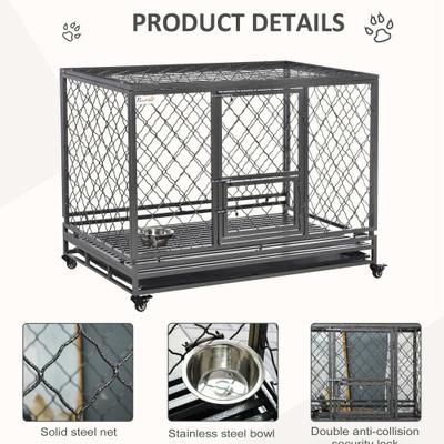 Show full view: PawHut Heavy Duty Double Door & Food Bowl Metal Dog Crate, Black, 49 inch slide 5 of 9