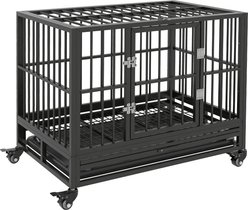 PawHut Heavy Duty Double Door Lockable Wheel Metal Dog Crate, Gray, 36 inch