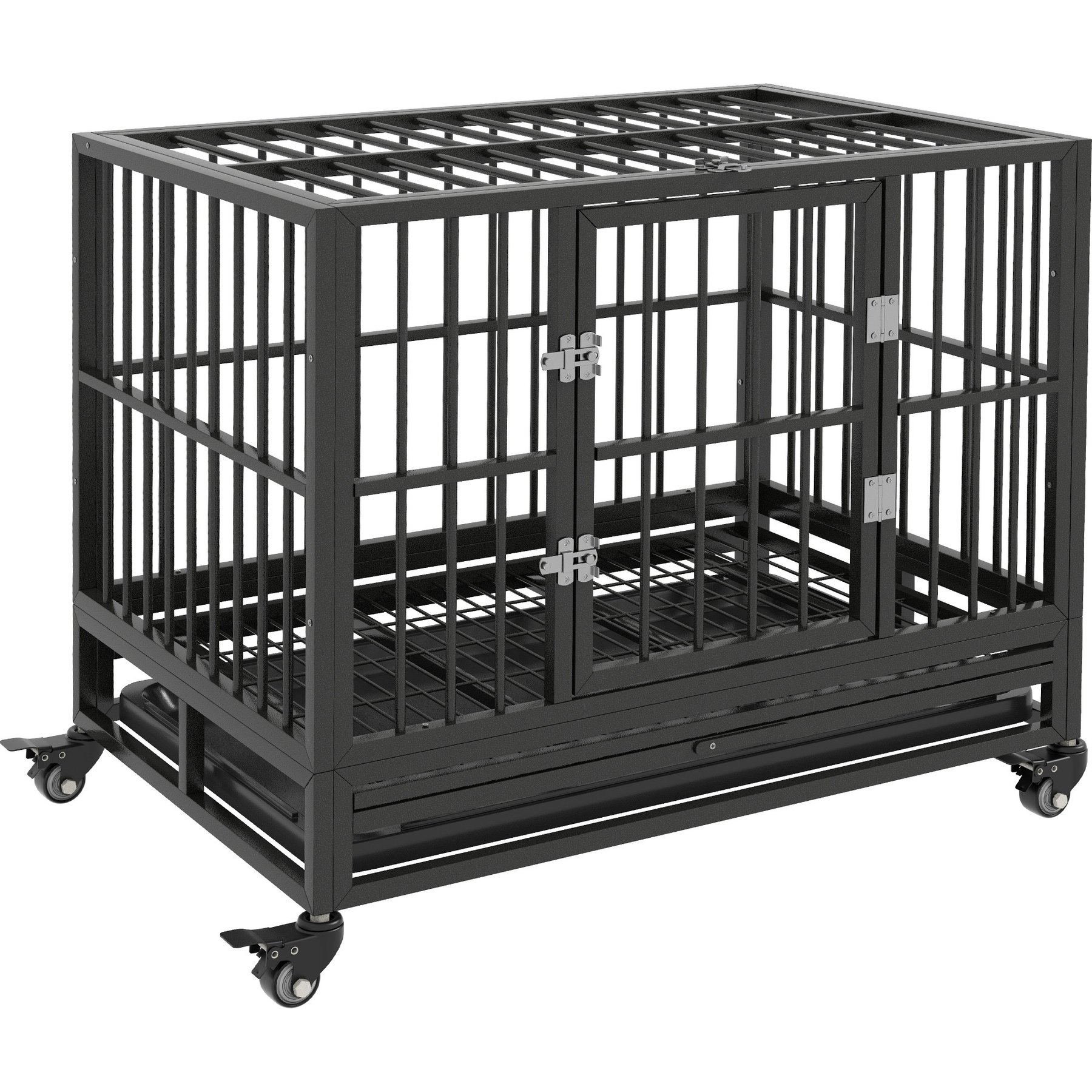 PawHut Heavy Duty Double Door Lockable Wheel Metal Dog Crate, Gray, 36 inch