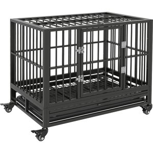 PawHut Heavy Duty Double Door Lockable Wheel Metal Dog Crate, Gray, 36 inch