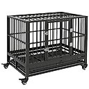 PawHut Heavy Duty Double Door Lockable Wheel Metal Dog Crate, Gray, 36 inch