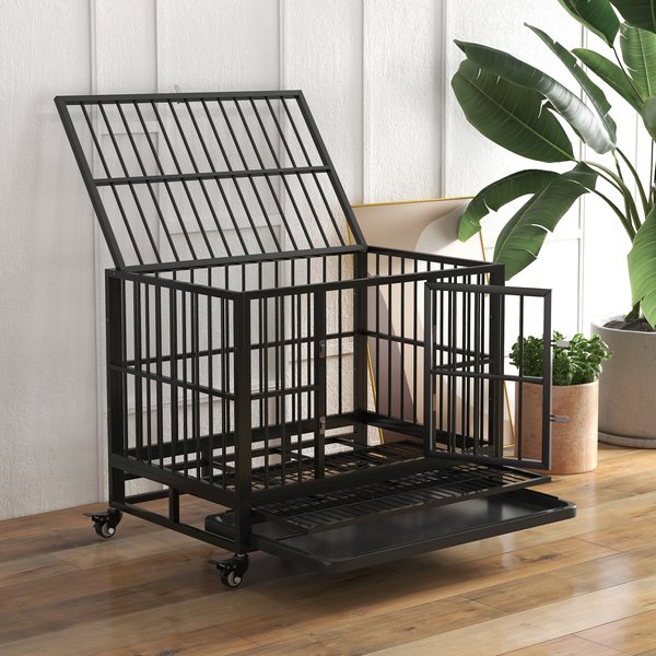 PawHut Heavy Duty Double Door Lockable Wheel Metal Dog Crate