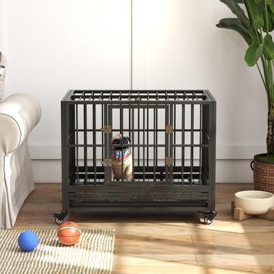 Show full view: PawHut Heavy Duty Double Door Lockable Wheel Metal Dog Crate, Gray, 36 inch slide 9 of 11