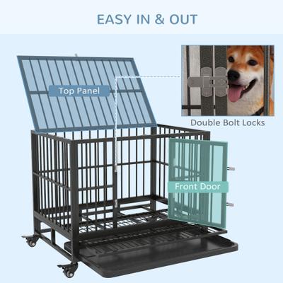 Show full view: PawHut Heavy Duty Double Door Lockable Wheel Metal Dog Crate, Gray, 36 inch slide 6 of 11