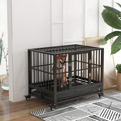 Show full view: PawHut Heavy Duty Double Door Lockable Wheel Metal Dog Crate, Gray, 36 inch slide 3 of 11