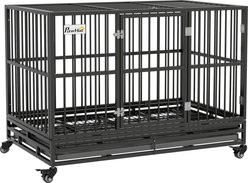 PawHut Heavy Duty Double Door Lockable Wheel Metal Dog Crate, Gray, 48 inch