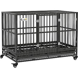 PawHut Heavy Duty Double Door Lockable Wheel Metal Dog Crate, Gray, 48 inch