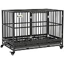 PawHut Heavy Duty Double Door Lockable Wheel Metal Dog Crate, Gray, 48 inch