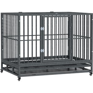PawHut Heavy Duty Double Door Lockable Wheel Metal Dog Crate, Grey Vein, 43 inch