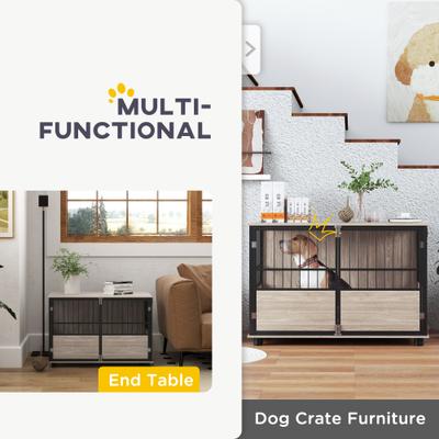 Show full view: PawHut Heavy Duty Furniture Style Dog Crate End Table with 3 Doors, Walnut, 39.4 x 23.6 x 26.8-in slide 5 of 9