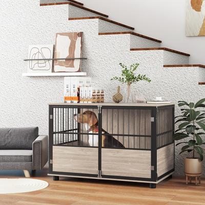 Show full view: PawHut Heavy Duty Furniture Style Dog Crate End Table with 3 Doors, Walnut, 39.4 x 23.6 x 26.8-in slide 2 of 9