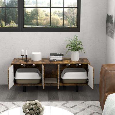 Show full view: PawHut Hidden Cat Litter Box Enclosure with 2 Cabinets, Rustic Brown slide 9 of 10