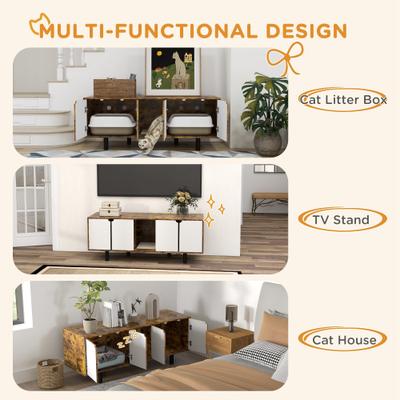 Show full view: PawHut Hidden Cat Litter Box Enclosure with 2 Cabinets, Rustic Brown slide 6 of 10