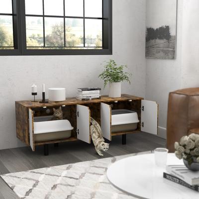 Show full view: PawHut Hidden Cat Litter Box Enclosure with 2 Cabinets, Rustic Brown slide 2 of 10