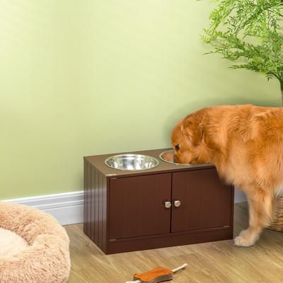 Show full view: PawHut Large Elevated Dog Bowls with Storage Cabinet, Brown slide 2 of 10