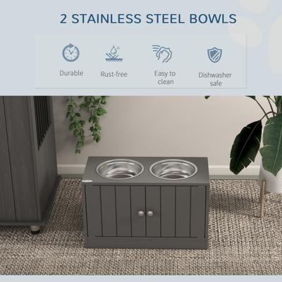 Show full view: PawHut Large Elevated Dog Bowls with Storage Cabinet, Gray slide 4 of 10