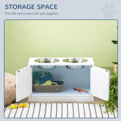 Show full view: PawHut Large Elevated Dog Bowls with Storage Cabinet, White slide 5 of 10