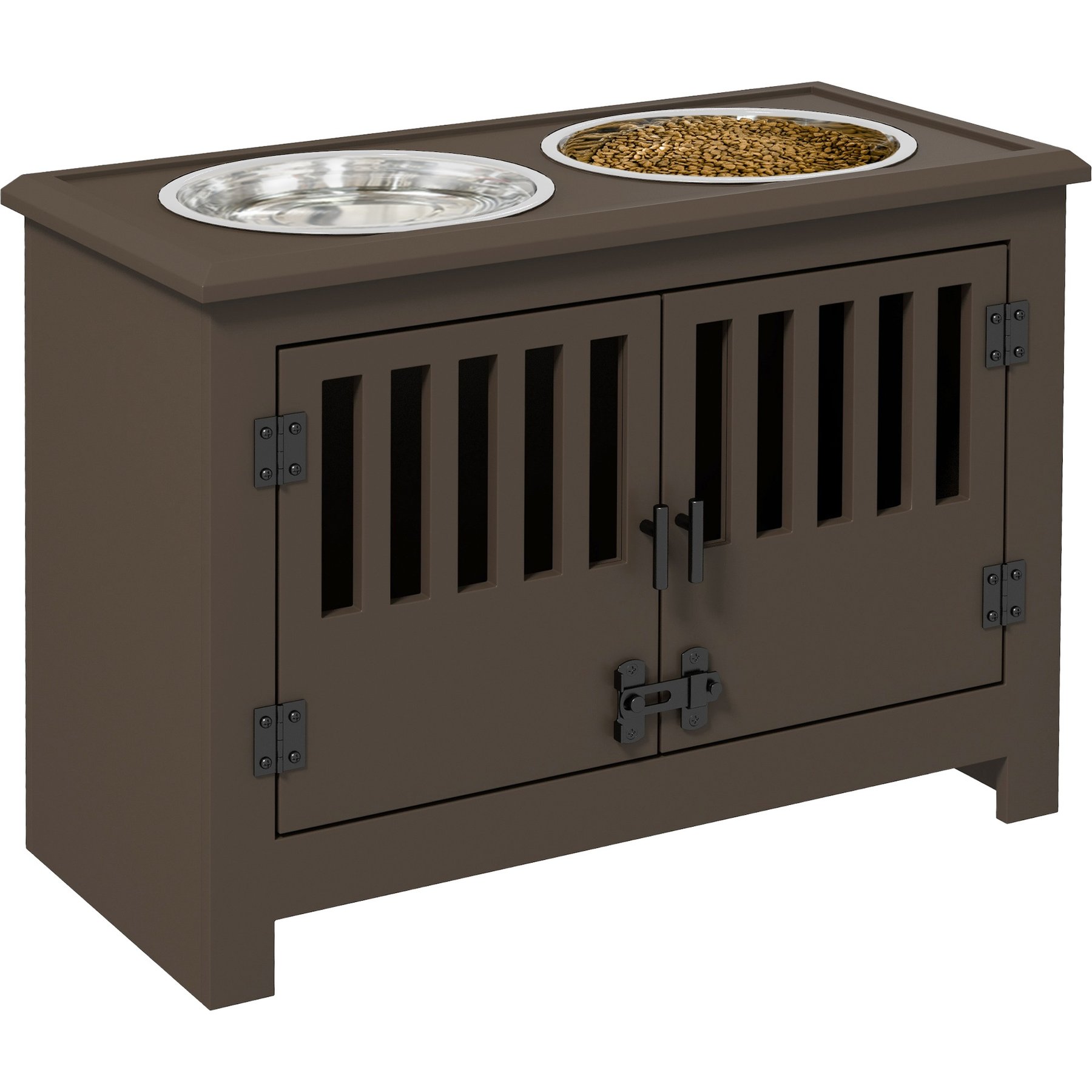 PawHut Large Stainless Steel Elevated Dog Bowls with Storage Cabinet, Coffee