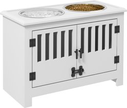 PawHut Large Stainless Steel Elevated Dog Bowls with Storage Cabinet, White